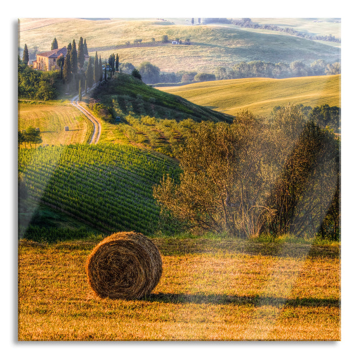 Pixxprint Italienische Toskana Landschaft, Glasbild Quadratisch