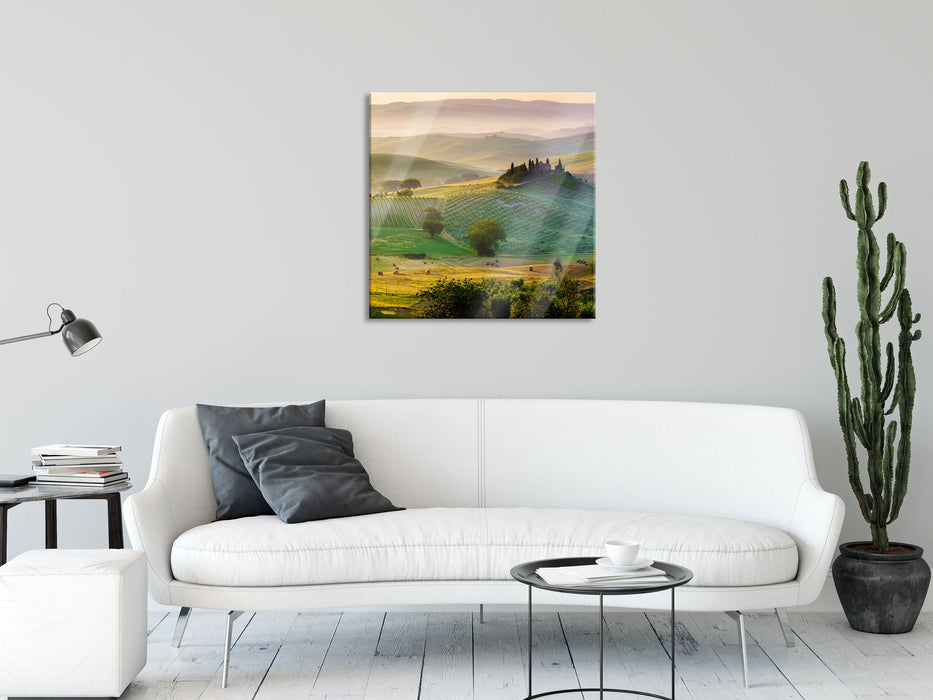 Toskana Landschaft, Glasbild Quadratisch