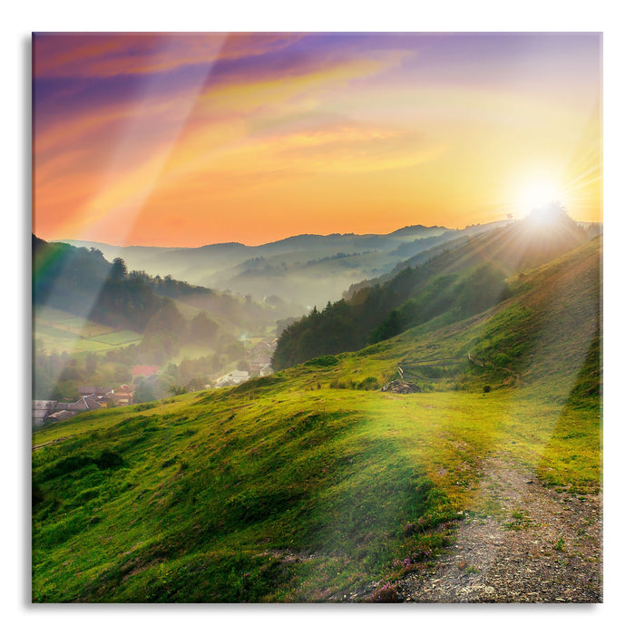 Berge Sonnenuntergang, Glasbild Quadratisch