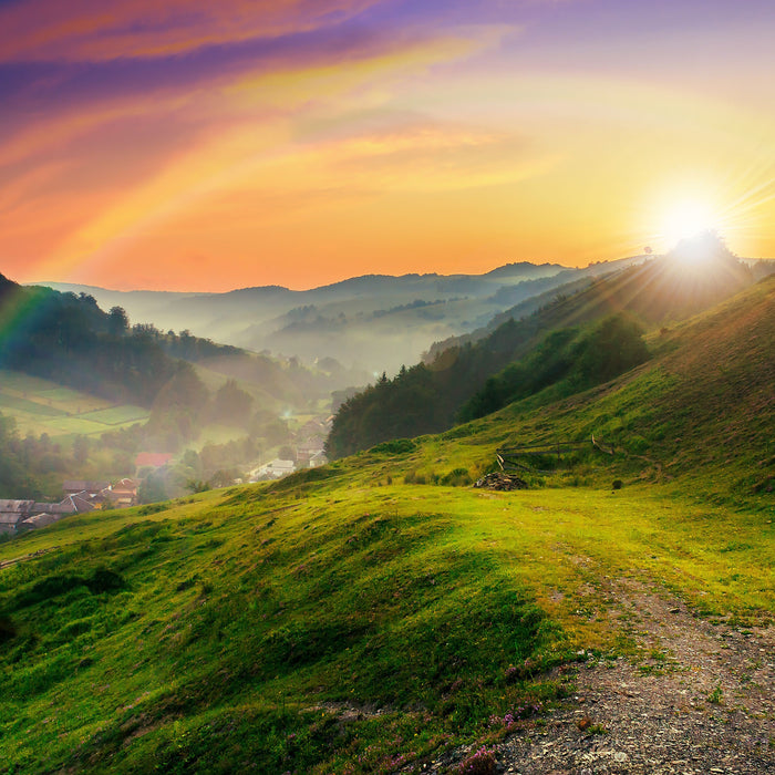 Berge Sonnenuntergang, Glasbild Quadratisch