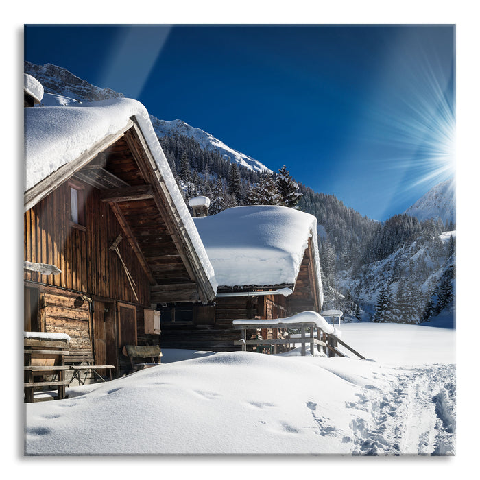 Pixxprint Verschneite Alpenhütte, Glasbild Quadratisch