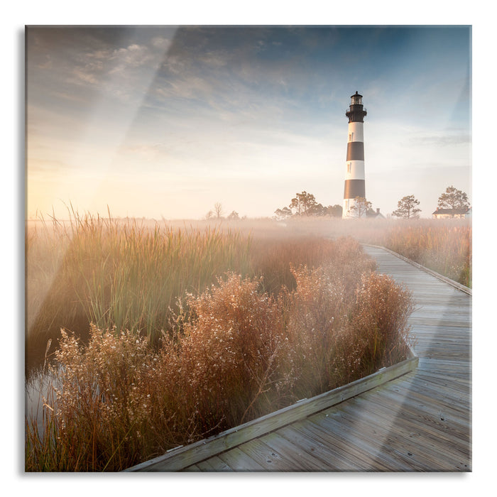 Leuchtturm im Nebel, Glasbild Quadratisch