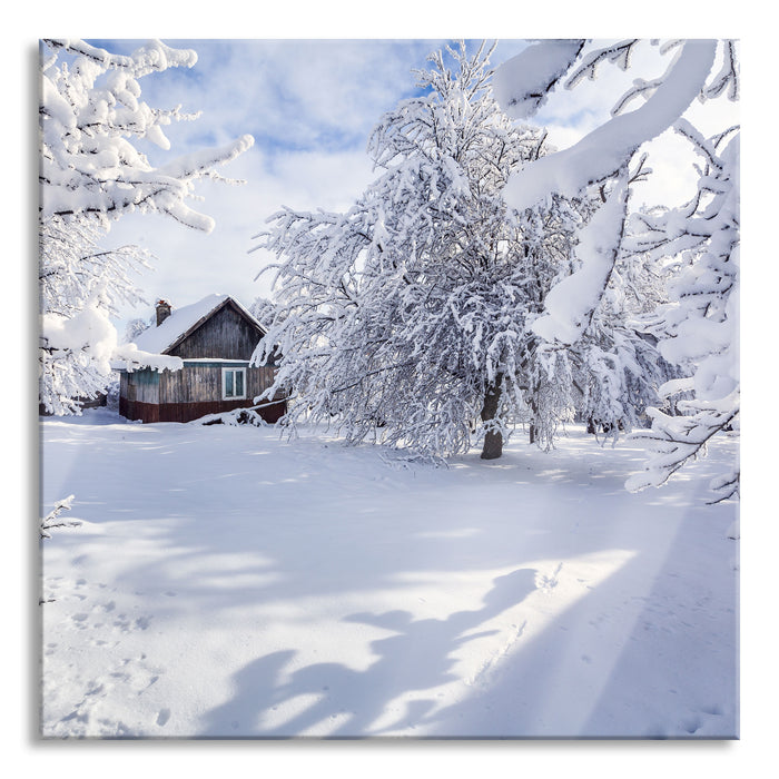 Winterlandschaft mit Hütte, Glasbild Quadratisch