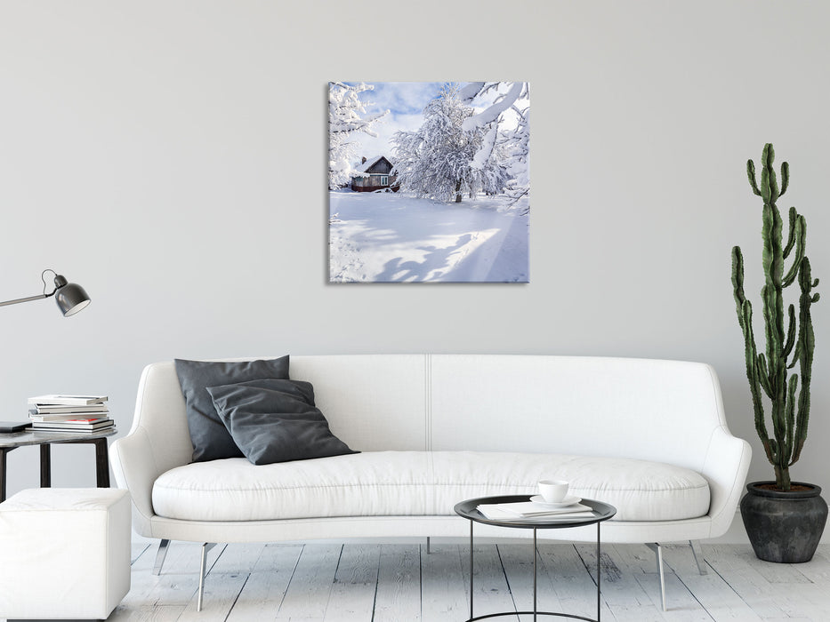 Winterlandschaft mit Hütte, Glasbild Quadratisch