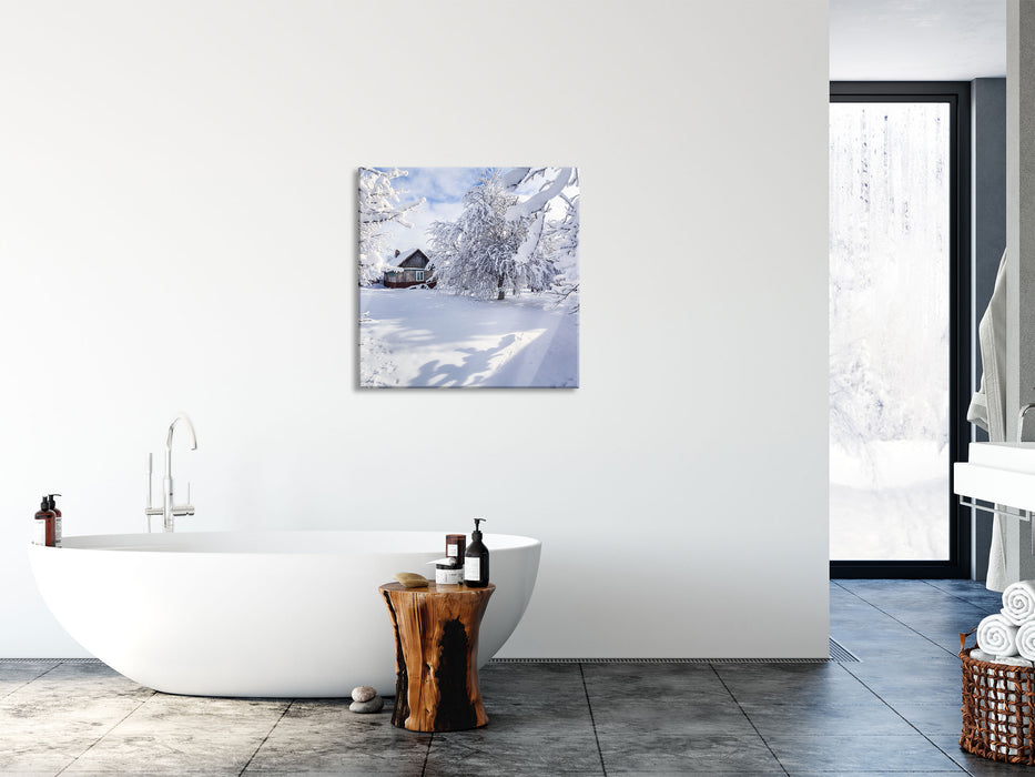 Winterlandschaft mit Hütte, Glasbild Quadratisch