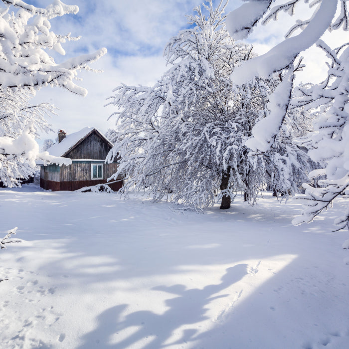 Winterlandschaft mit Hütte, Glasbild Quadratisch