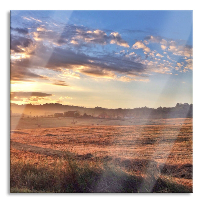 Getreidefeld im Abendlicht, Glasbild Quadratisch