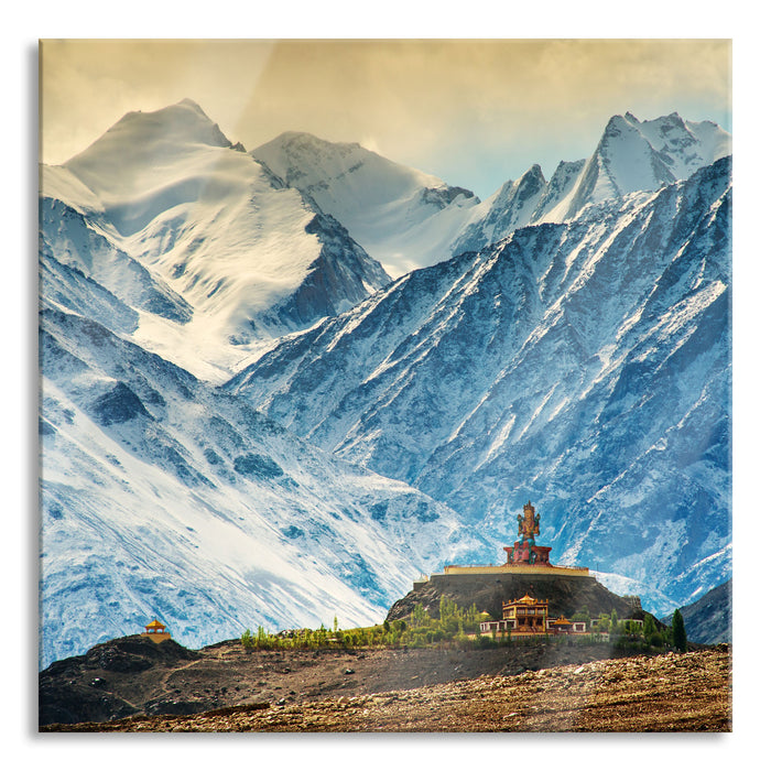 Pixxprint Tempel an Bergen in Tibet, Glasbild Quadratisch