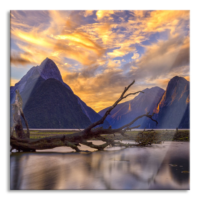 Baum in Berglandschaft, Glasbild Quadratisch