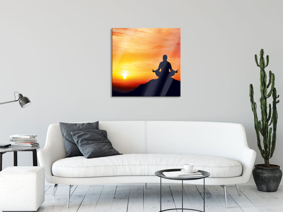 Meditation im Sonnenuntergang, Glasbild Quadratisch