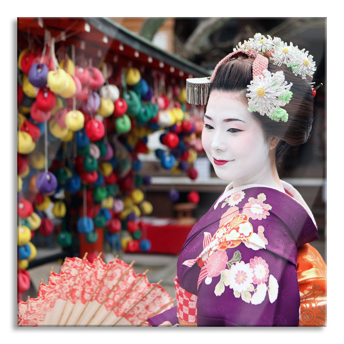 Pixxprint Anmutige Geisha mit Fächer, Glasbild Quadratisch