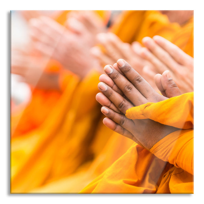 Betende Hände Mönche Tibet, Glasbild Quadratisch