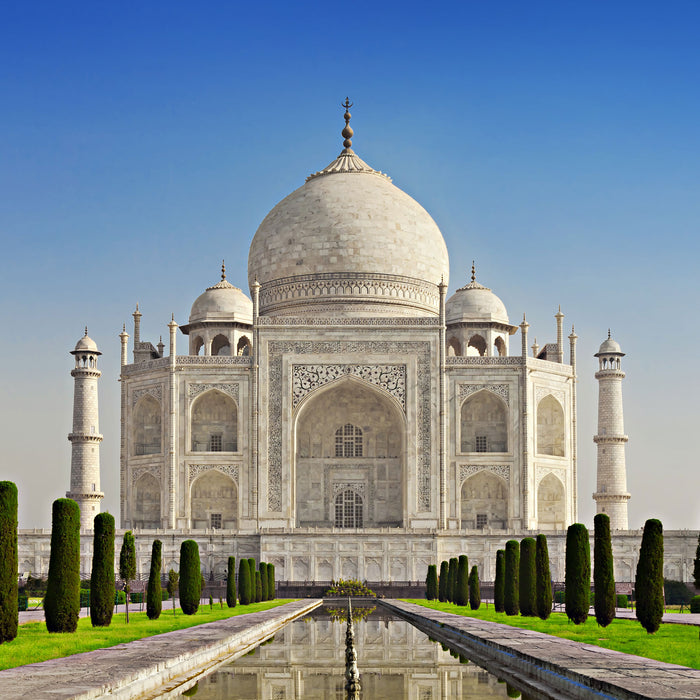 Gewaltiger Taj Mahal, Glasbild Quadratisch