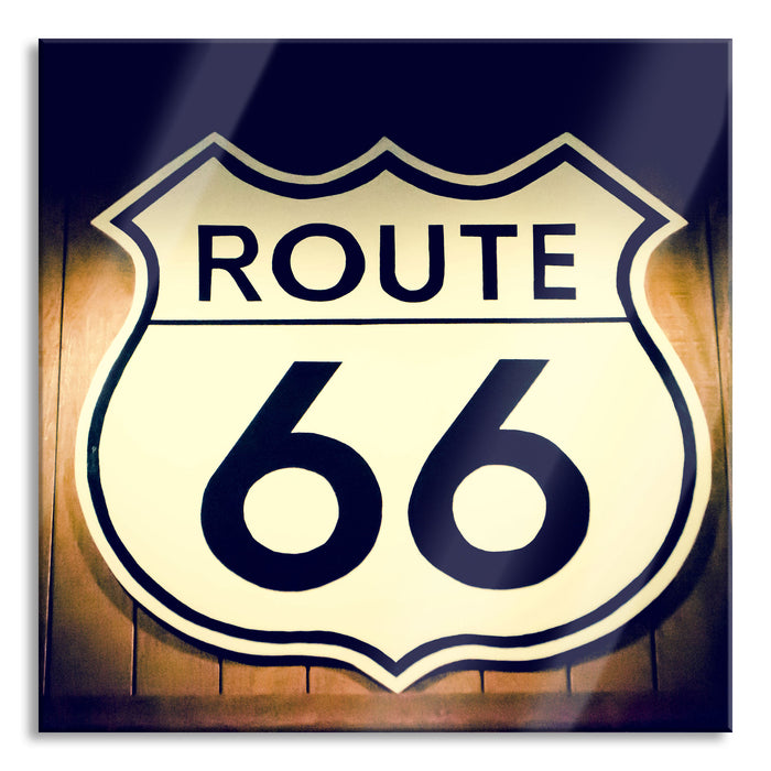 Modernes Route 66 Schild, Glasbild Quadratisch