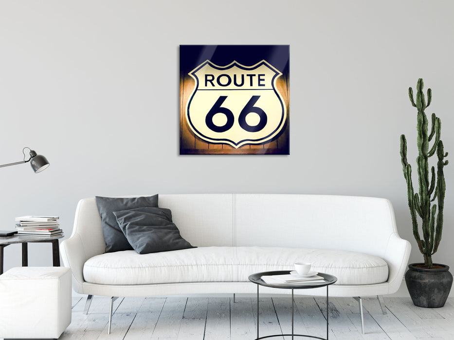 Modernes Route 66 Schild, Glasbild Quadratisch