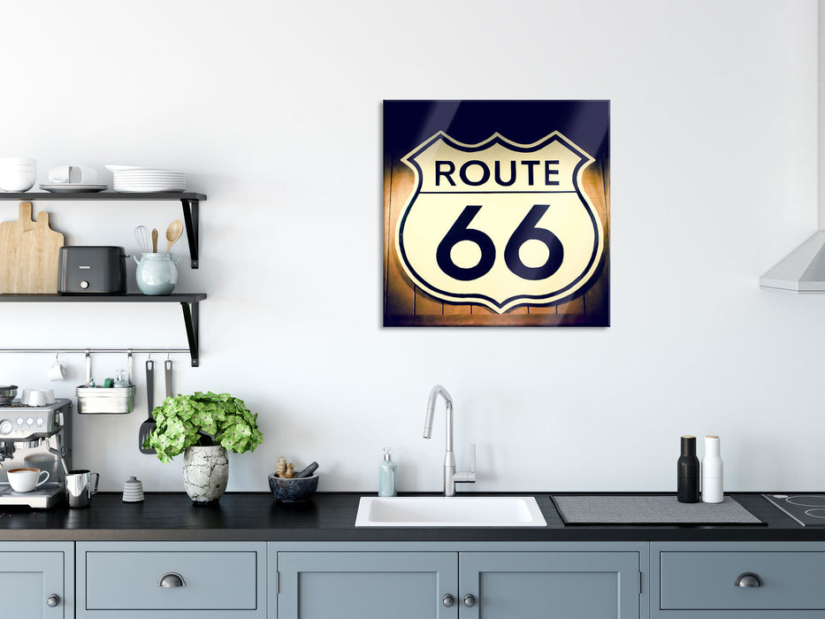 Modernes Route 66 Schild, Glasbild Quadratisch