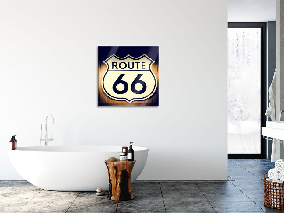 Modernes Route 66 Schild, Glasbild Quadratisch