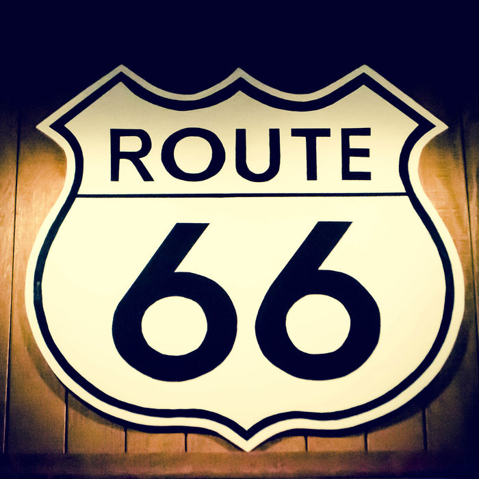 Modernes Route 66 Schild, Glasbild Quadratisch