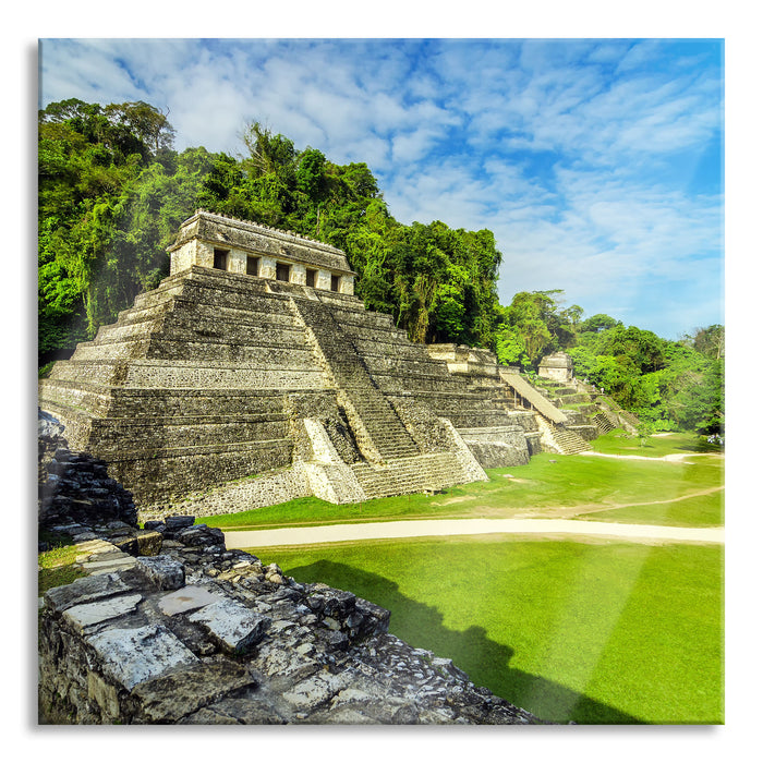 Maya Pyramiden aus Palenque, Glasbild Quadratisch