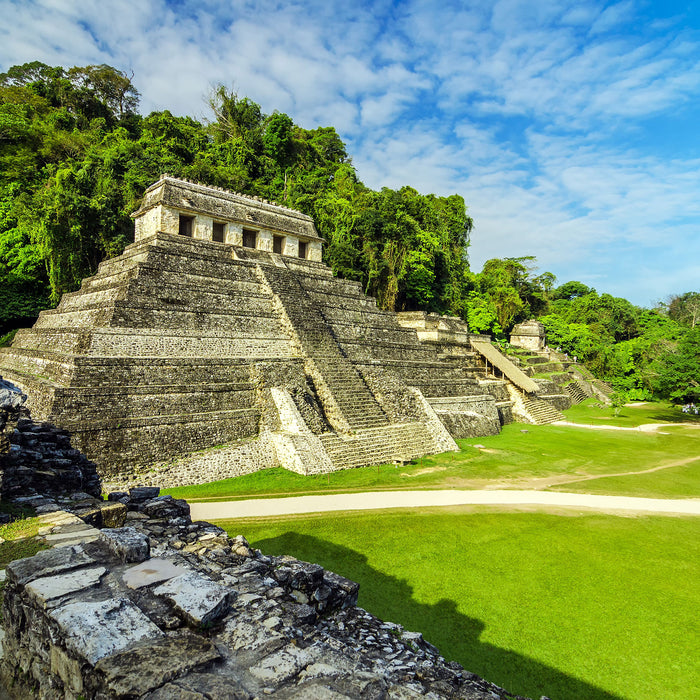 Maya Pyramiden aus Palenque, Glasbild Quadratisch