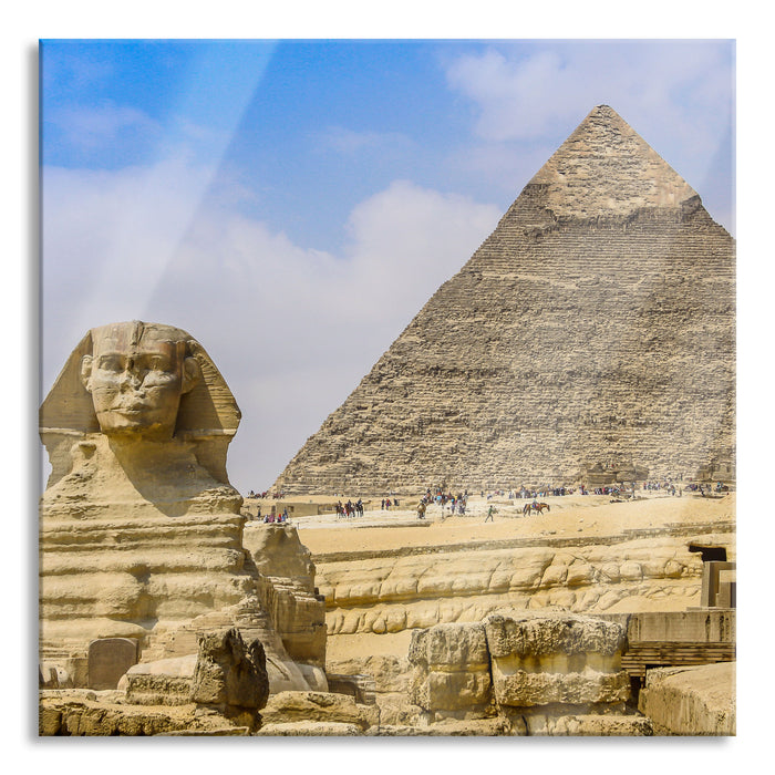 Sphinx von Gizeh mit Pyramide, Glasbild Quadratisch