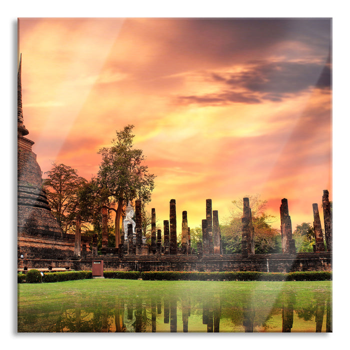 Buddha Tempel im Sonnenuntergang, Glasbild Quadratisch