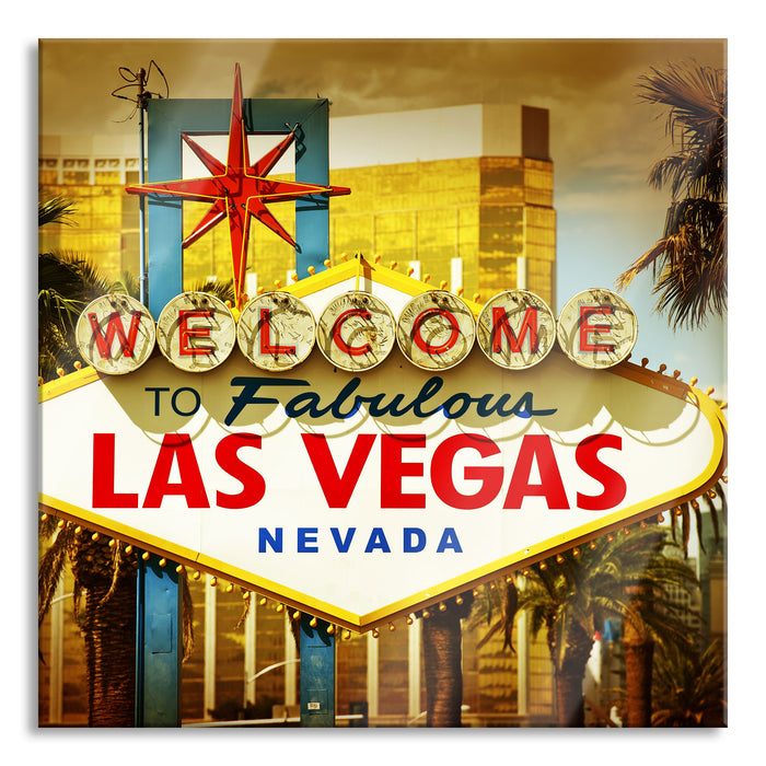 Pixxprint Las Vegas Ortseingangsschild, Glasbild Quadratisch