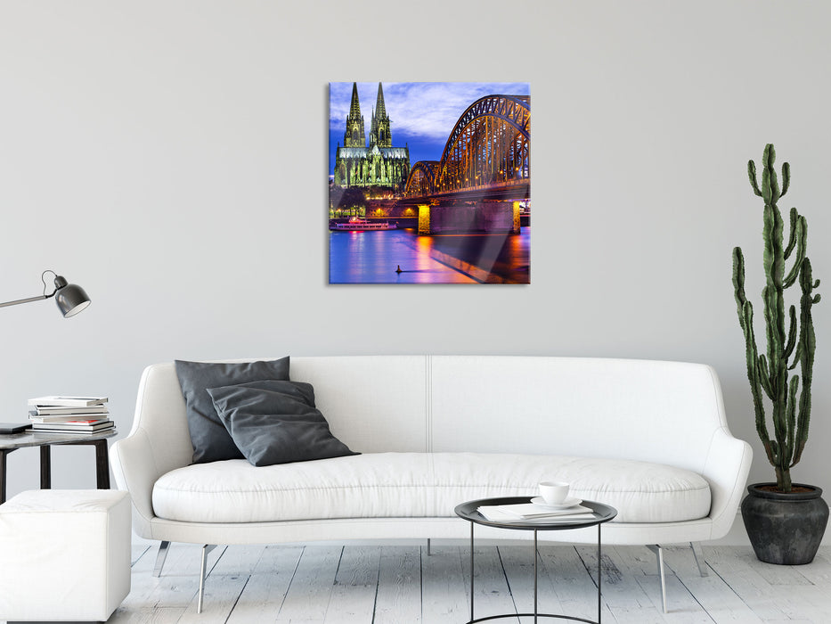 Hohenzollernbrücke bei Nacht, Glasbild Quadratisch