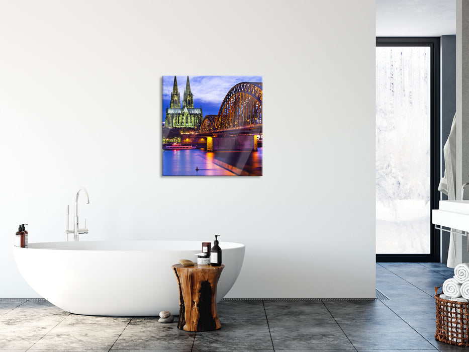 Hohenzollernbrücke bei Nacht, Glasbild Quadratisch