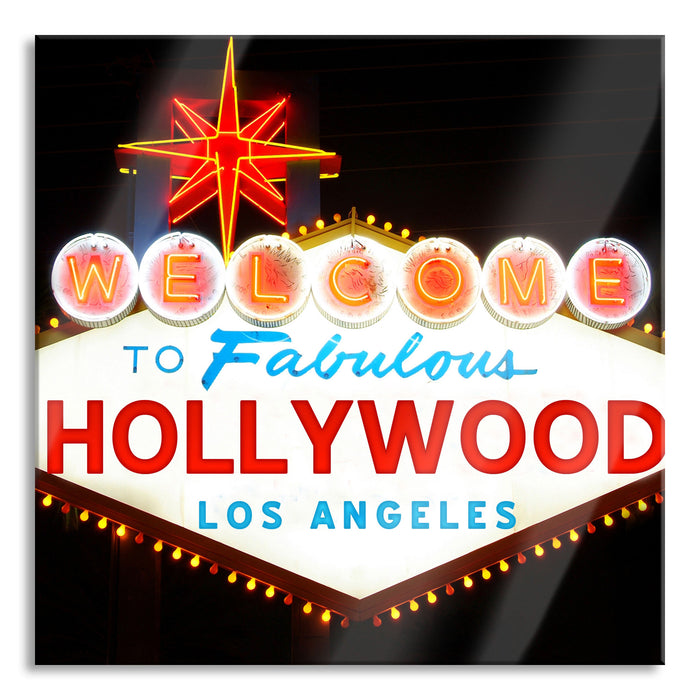 Pixxprint Hollywood Ortseingangsschild, Glasbild Quadratisch