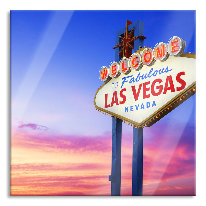 Pixxprint Las Vegas Schild in der Dämmerung, Glasbild Quadratisch