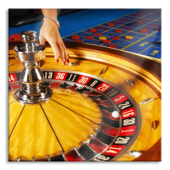 Pixxprint Roulette Tisch in Las Vegas, Glasbild Quadratisch