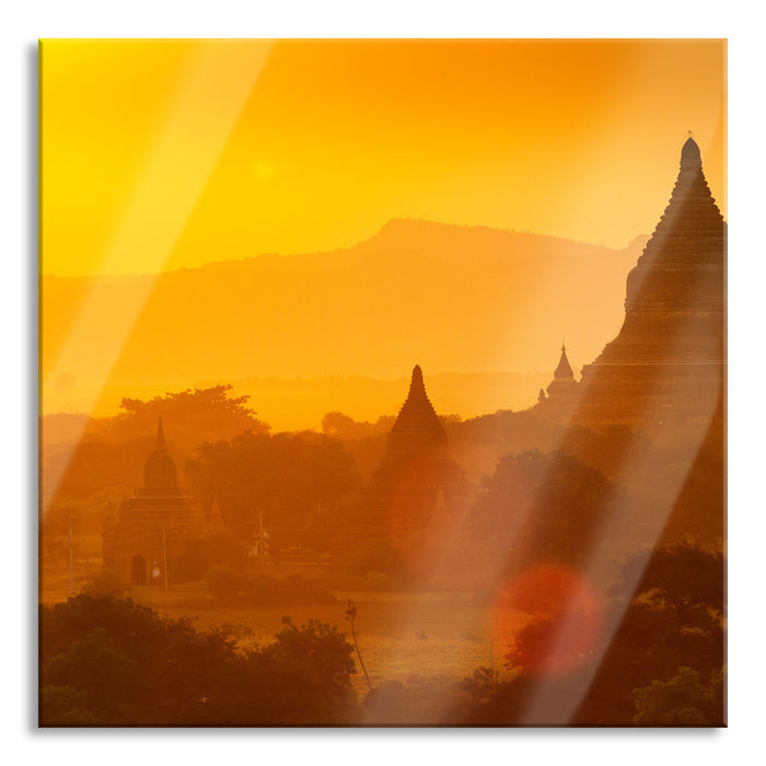 Pixxprint Buddha Tempel im Sonnenuntergang, Glasbild Quadratisch