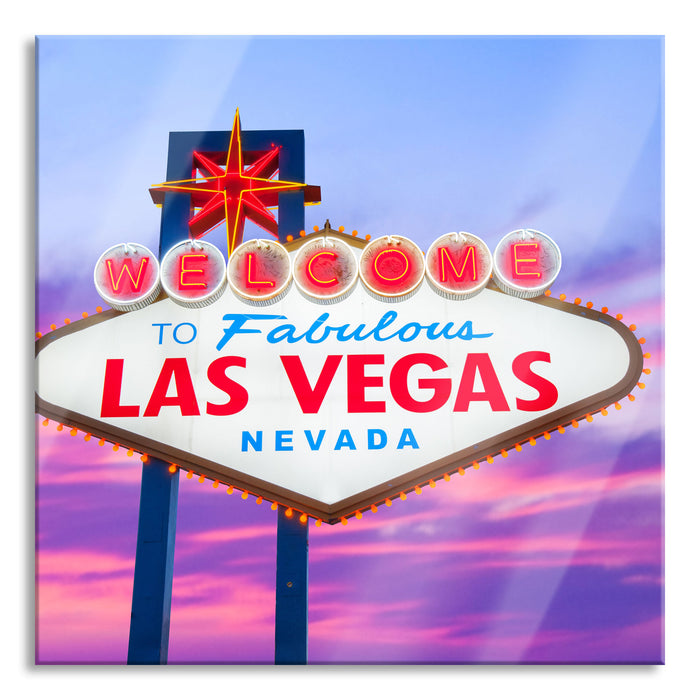 Pixxprint Las Vegas Ortsschild abends, Glasbild Quadratisch
