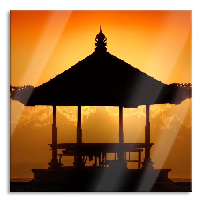 Pixxprint Pagode in Bali im Sonnenuntergang, Glasbild Quadratisch