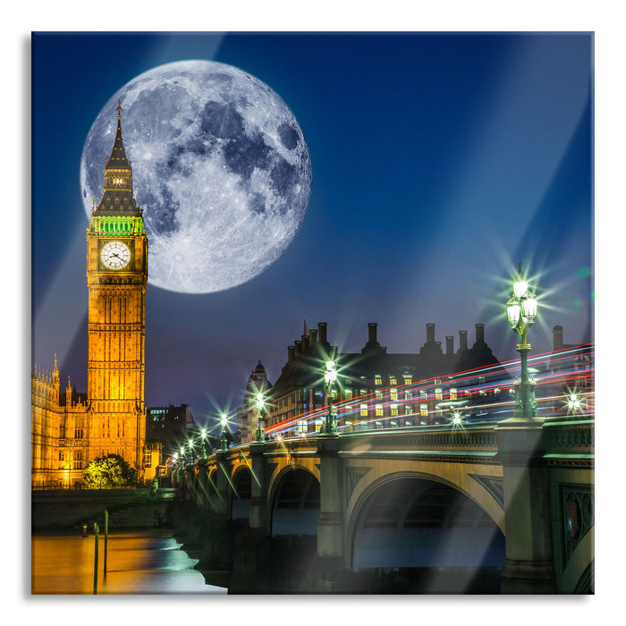 Big Ben vor Mond in London, Glasbild Quadratisch