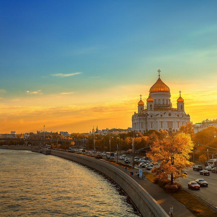 Sonnenuntergang in Moskau, Glasbild Quadratisch