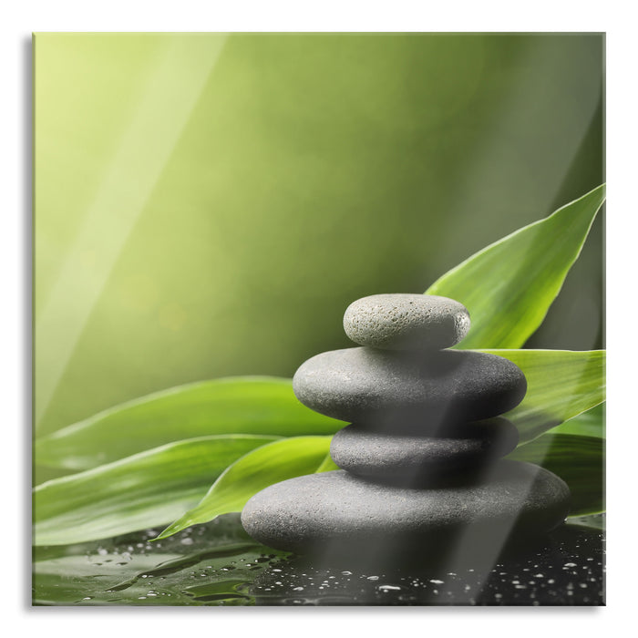 Zen Steine mit Blättern, Glasbild Quadratisch