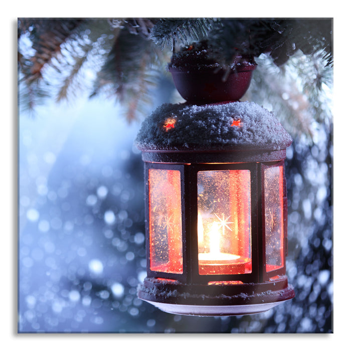 Pixxprint Laterne im Winter, Glasbild Quadratisch