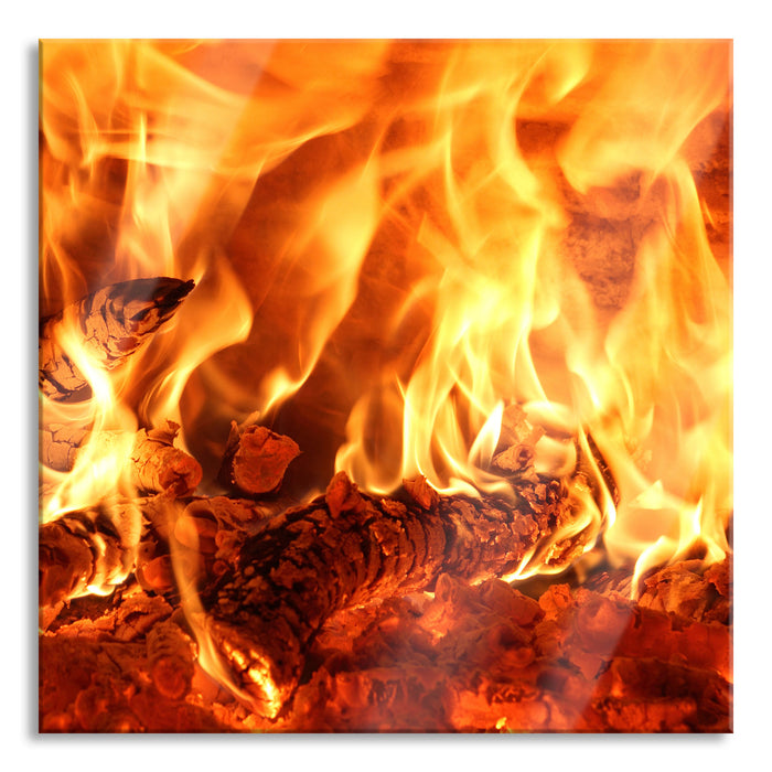 Gemütliches Holz im Feuer, Glasbild Quadratisch