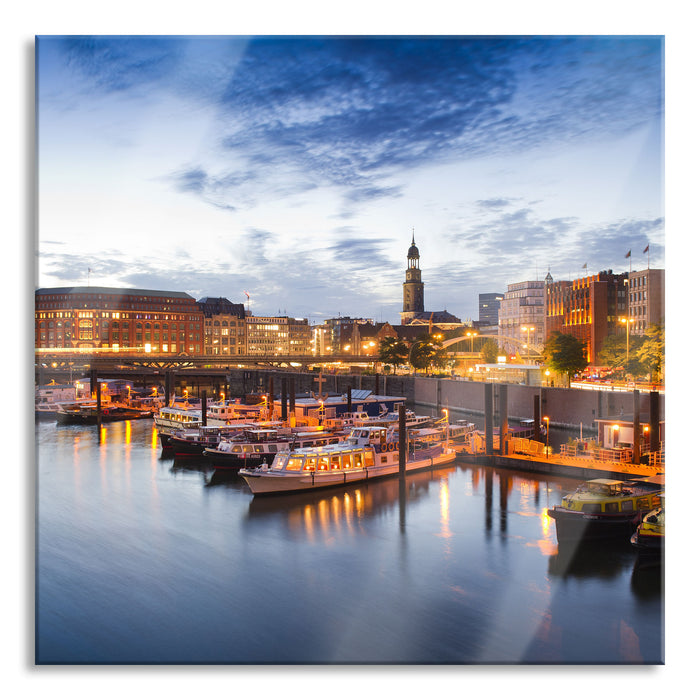 Pixxprint Hamburger Hafen am Abend, Glasbild Quadratisch
