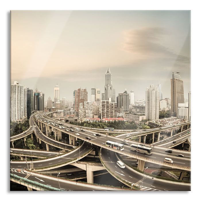 Pixxprint Beeindruckende Shanghai Autobahn, Glasbild Quadratisch
