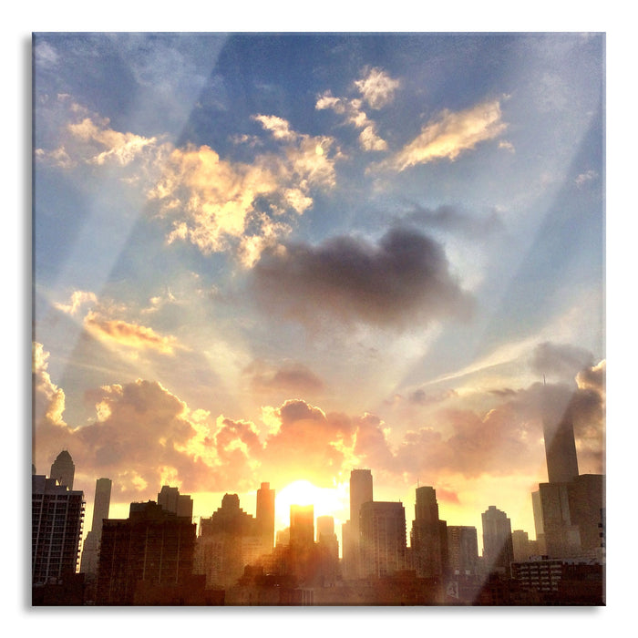 Pixxprint Chicago Skyline im Sonnenaufgang, Glasbild Quadratisch