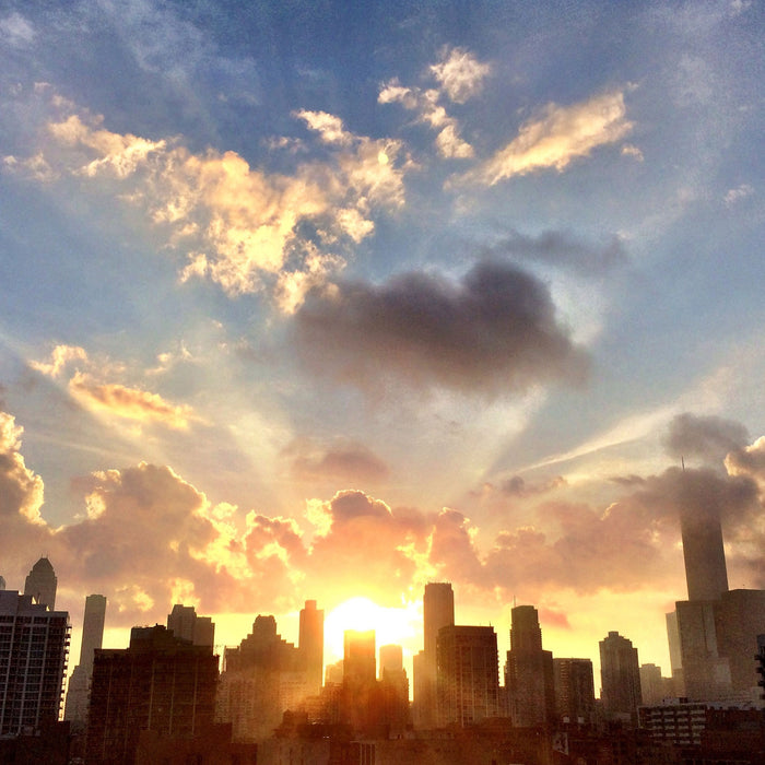 Chicago Skyline im Sonnenaufgang, Glasbild Quadratisch