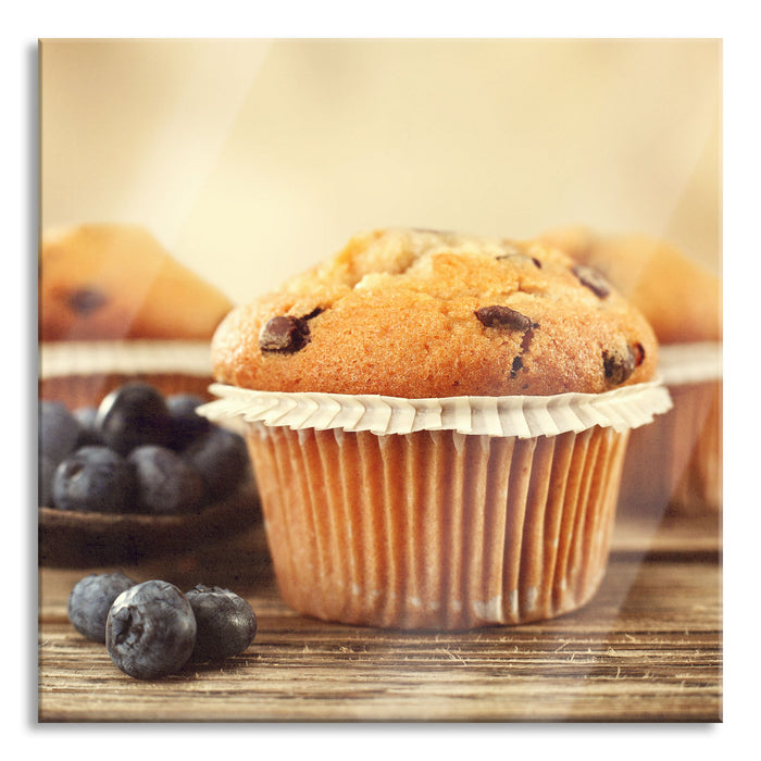 Muffins mit Blaubeeren, Glasbild Quadratisch