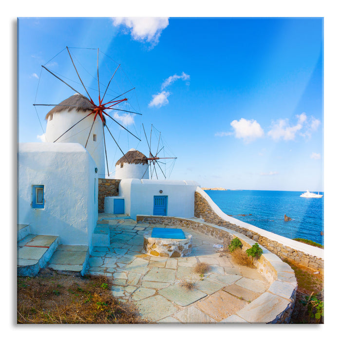 Windmühlen im Mittelmeer, Glasbild Quadratisch