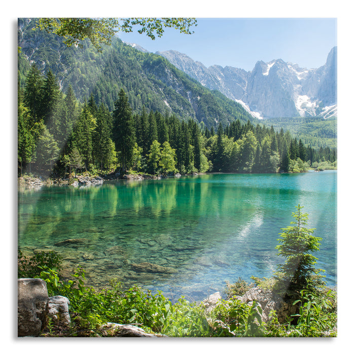 Wunderschöner See im Wald, Glasbild Quadratisch