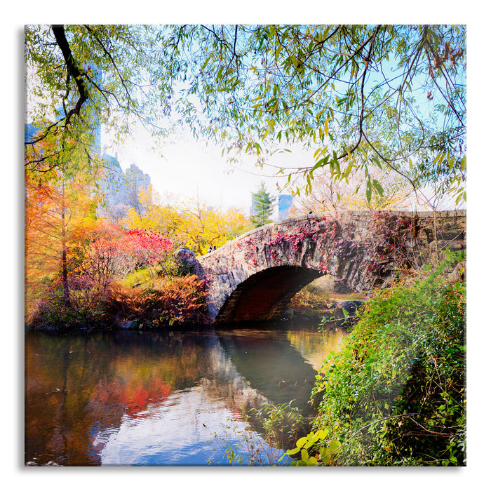 Pixxprint Brücke im Central Park, Glasbild Quadratisch