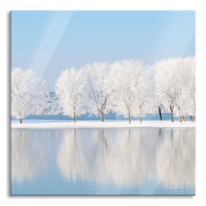 Pixxprint Schneebedeckte Bäume im Winter, Glasbild Quadratisch