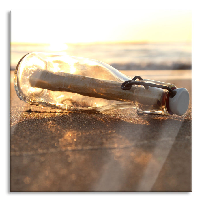 Flaschenpost am Strand, Glasbild Quadratisch